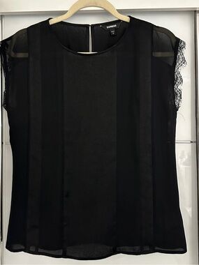 Express Black Sheer Blouse with Lace Cap Sleeves